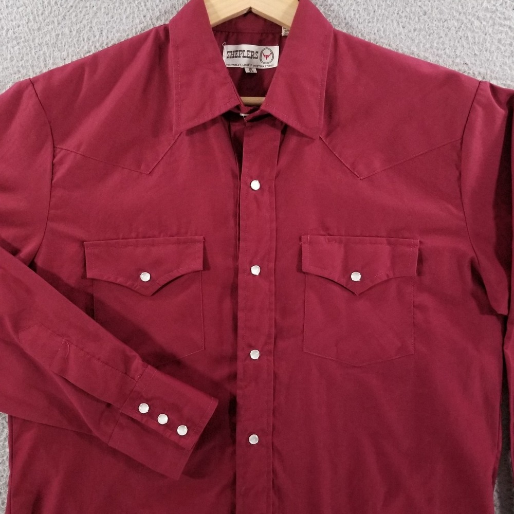Vintage Sheplers Shirt Men Medium Maroon Western Pearl Snap Cowboy Rodeo Work 16